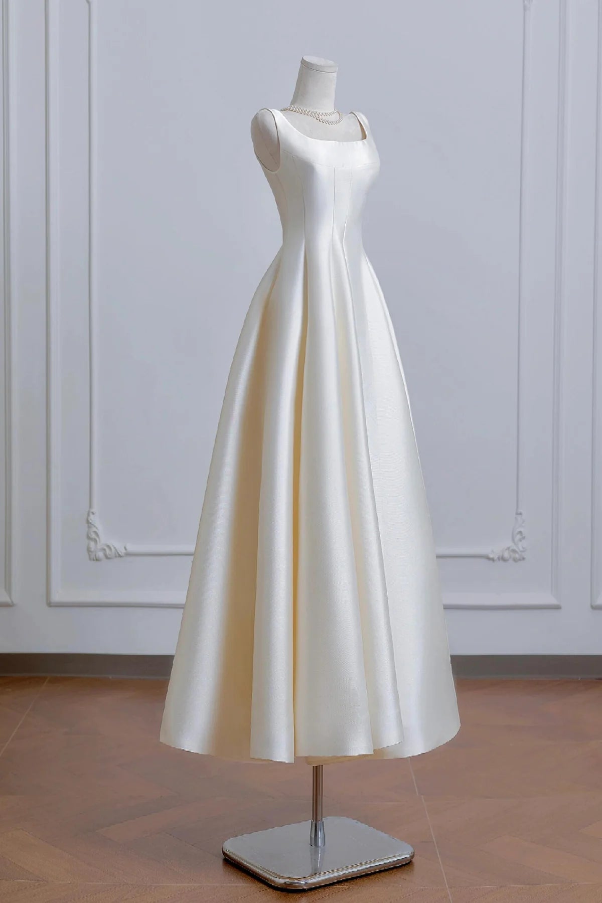 Tea Length  Prom Dress A-Line White Satin Evening Party Dress