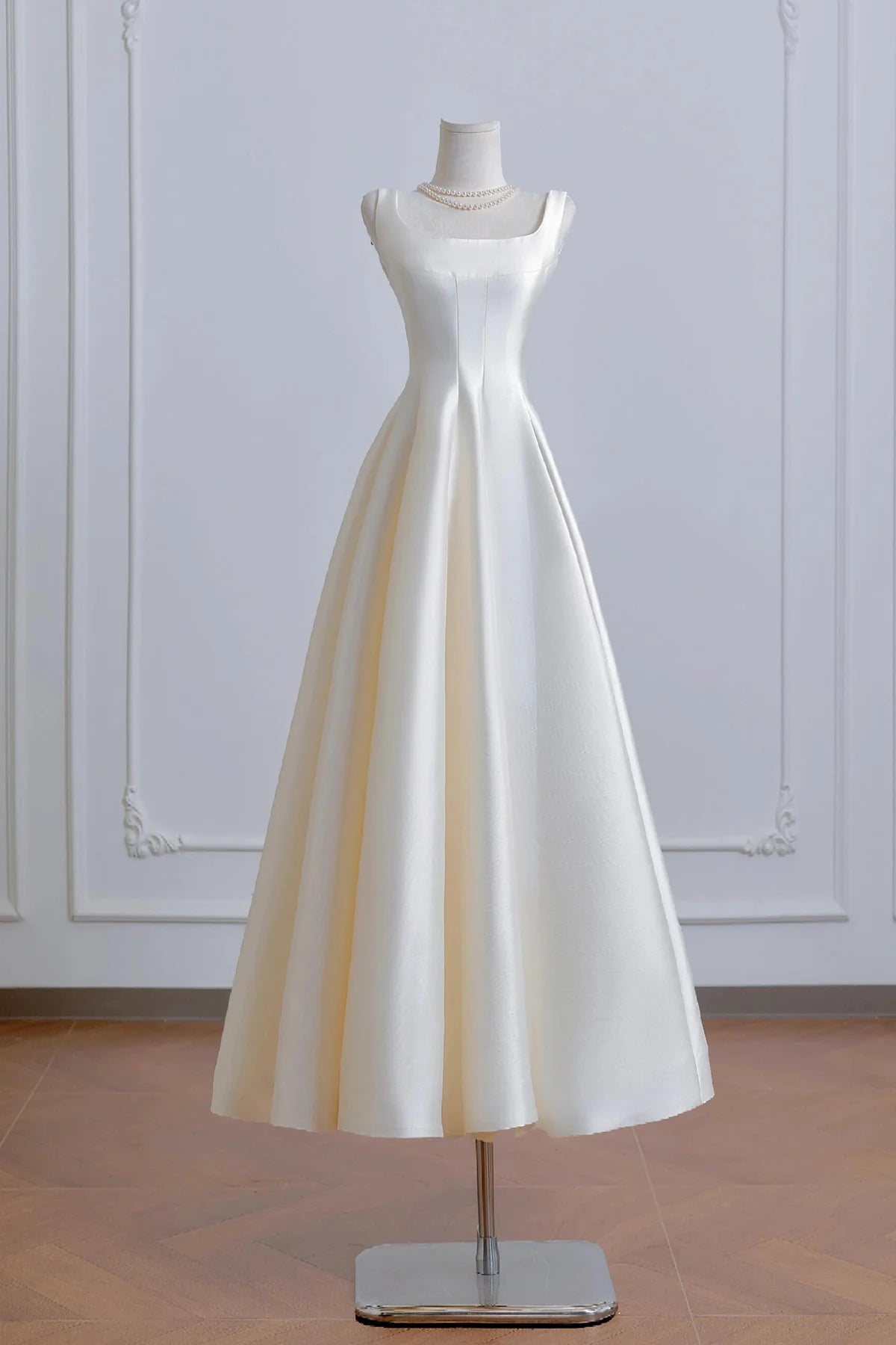 Tea Length  Prom Dress A-Line White Satin Evening Party Dress