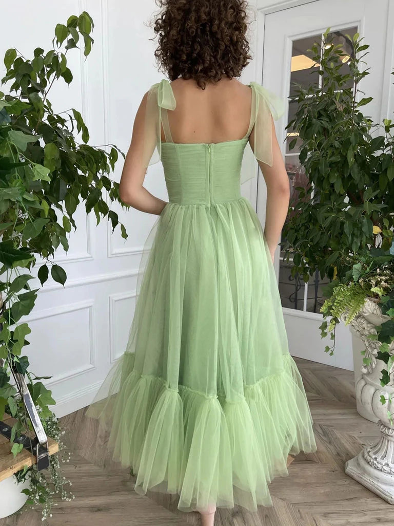 Tea Length Sage Tulle  Spaghetti Strap Sleeveless Formal Prom Dress Cocktail Dress Evening Dress Party Dress Homecoming Dress