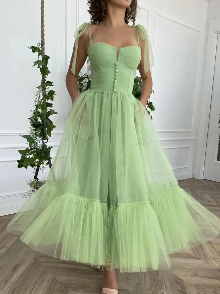 Tea Length Sage Tulle  Spaghetti Strap Sleeveless Formal Prom Dress Cocktail Dress Evening Dress Party Dress Homecoming Dress