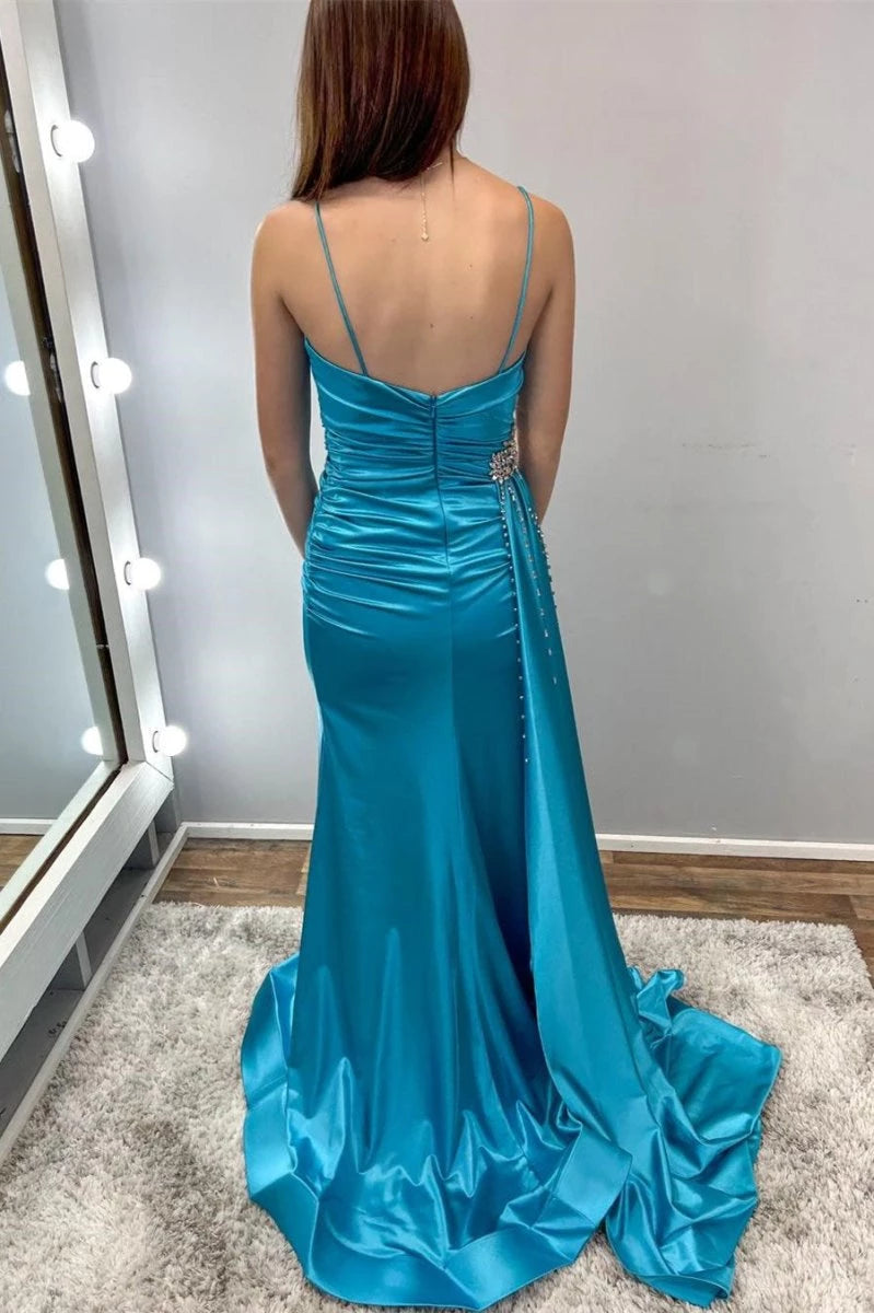 Teal Beaded Spaghetti Strap Long with Attached Floor-length Backless Scoop Neckline Sleeveless Evening Dresses Evening Dresses Prom Dress