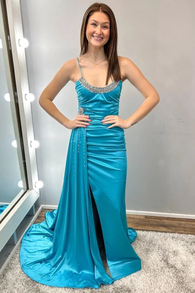 Teal Beaded Spaghetti Strap Long with Attached Floor-length Backless Scoop Neckline Sleeveless Evening Dresses Evening Dresses Prom Dress