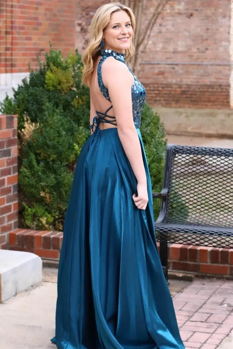 Teal Cut Glass Mirror Halter Long Formal Dress High Neckline Floor-length Sleeveless Lace-up Back Evening Dresses Evening Dresses Prom Dress