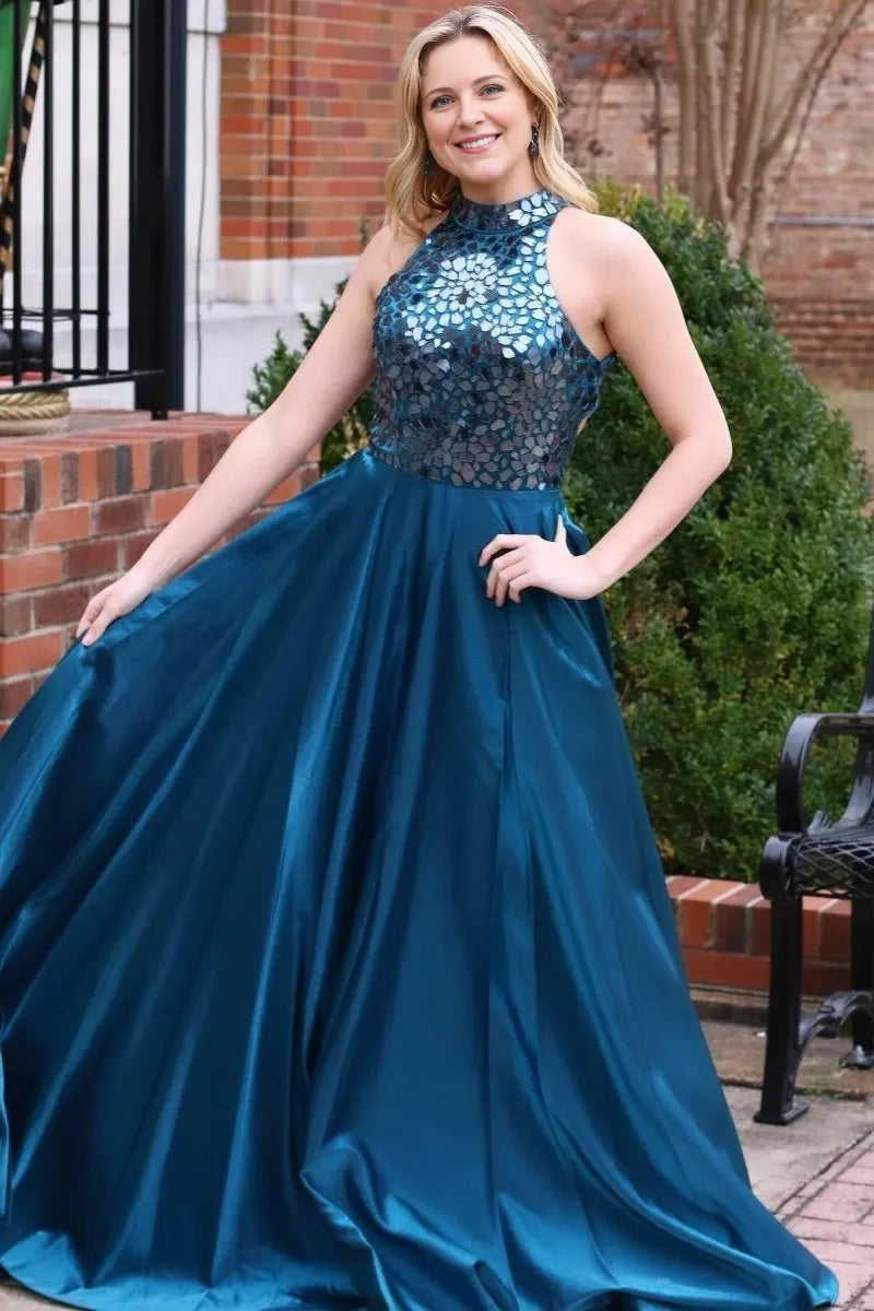 Teal Cut Glass Mirror Halter Long Formal Dress High Neckline Floor-length Sleeveless Lace-up Back Evening Dresses Evening Dresses Prom Dress