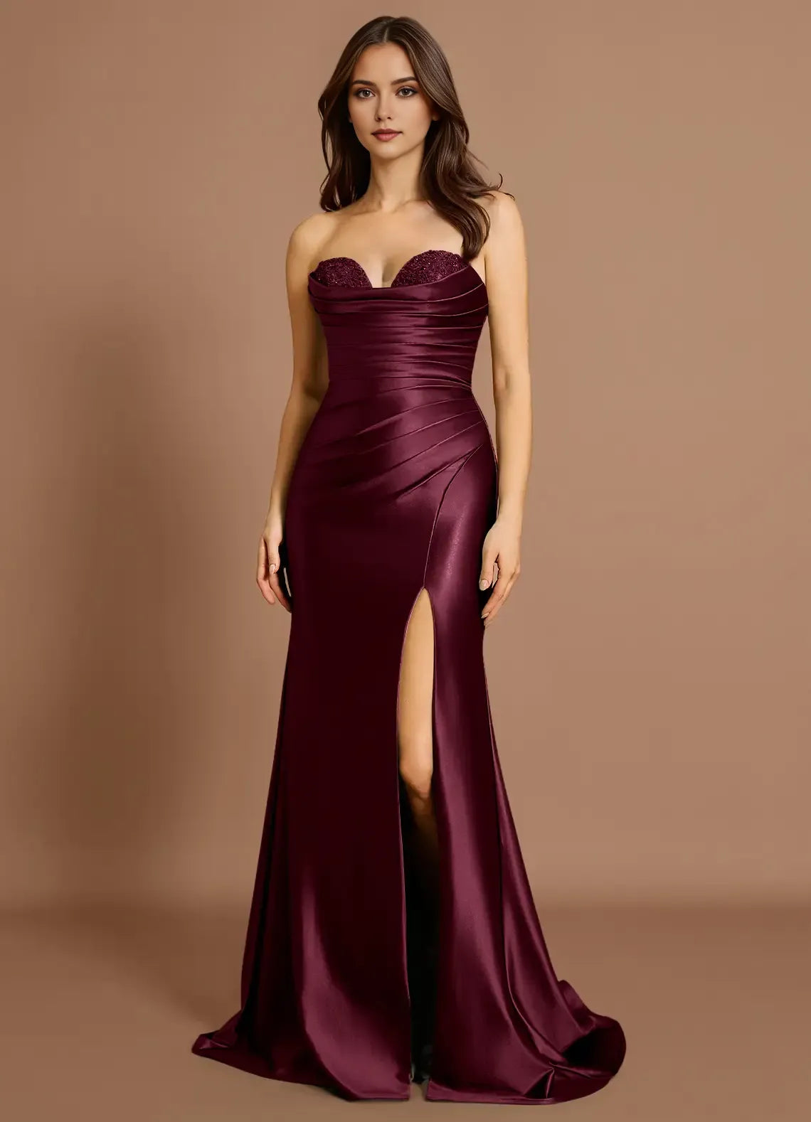 Textured Cup Strapless Satin Mermaid Ruched Bodice Open Back Train High Slit Floor Length Hot sale Prom Dress