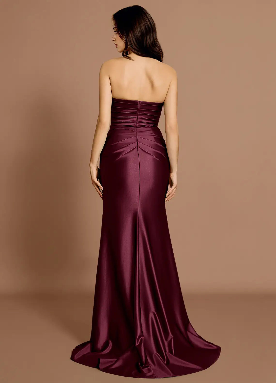 Textured Cup Strapless Satin Mermaid Ruched Bodice Open Back Train High Slit Floor Length Hot sale Prom Dress