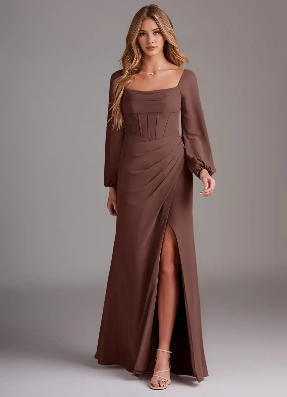 Tie Back Square Neck Chiffon Sheath Puff Sleeve Ruched Bodice High Slit Floor Length Prom Dress