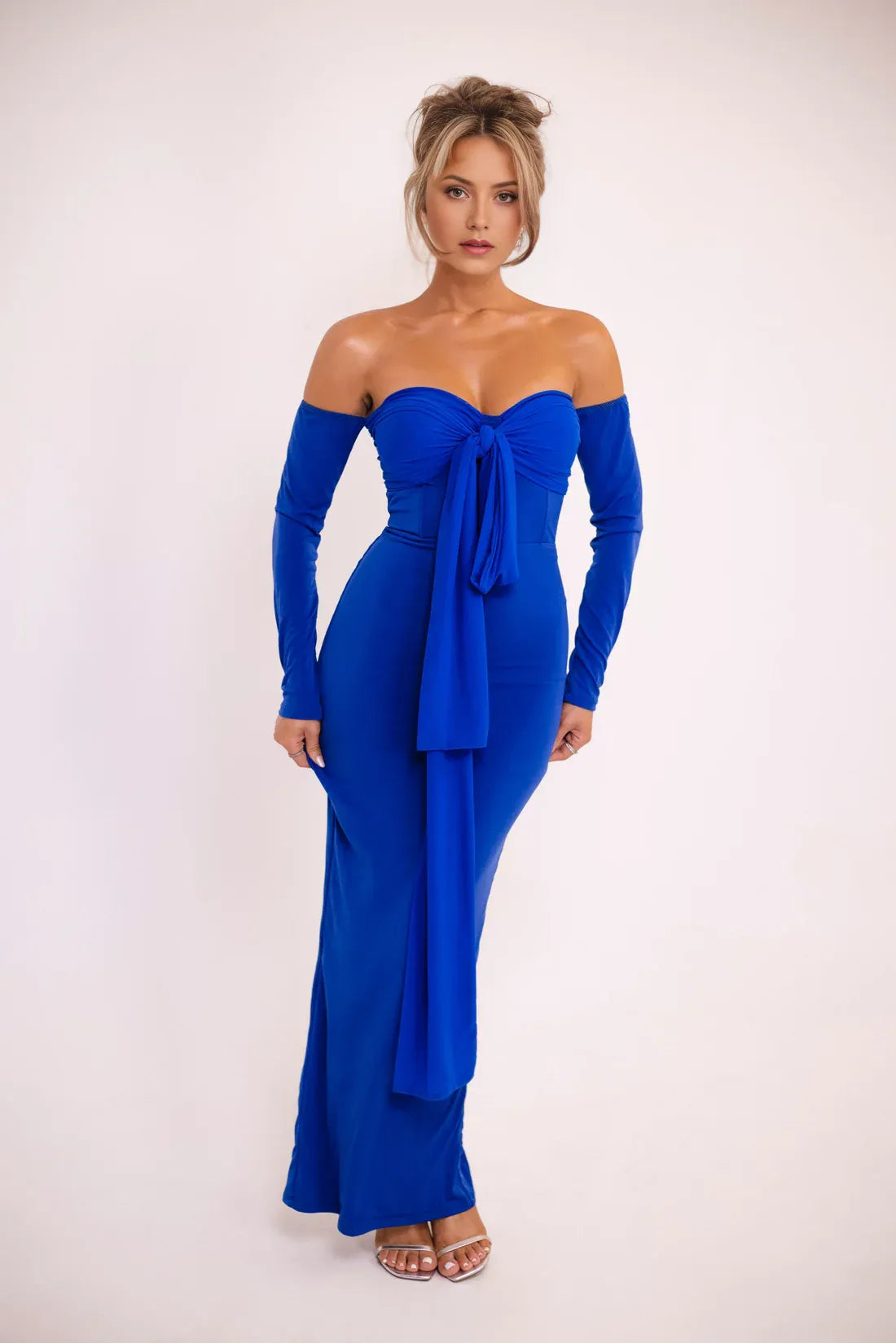 Tie Front Off Shoulder Long Sleeve Sheath Open Back High Slit Floor Length Hot sale Prom Dress