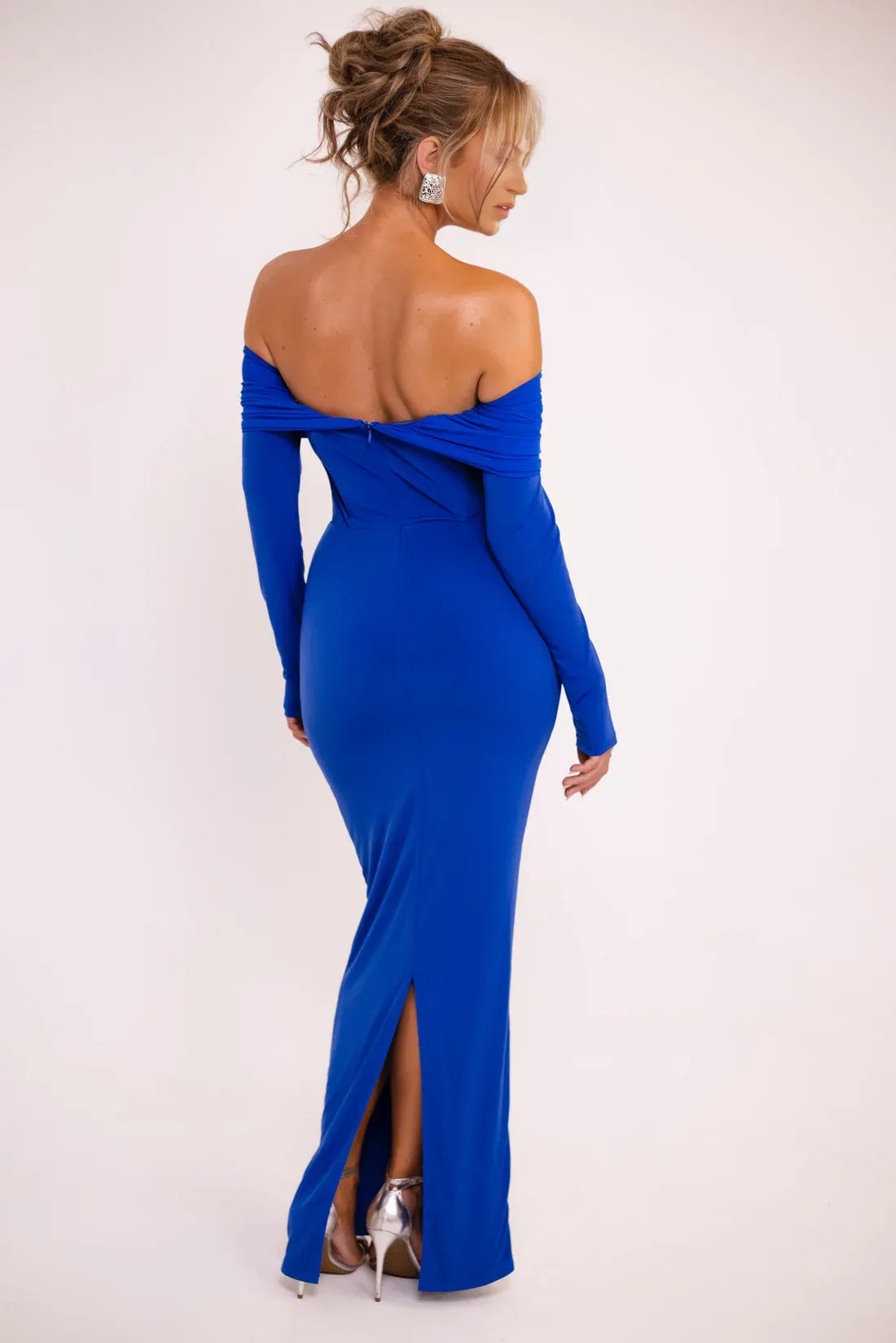 Tie Front Off Shoulder Long Sleeve Sheath Open Back High Slit Floor Length Hot sale Prom Dress