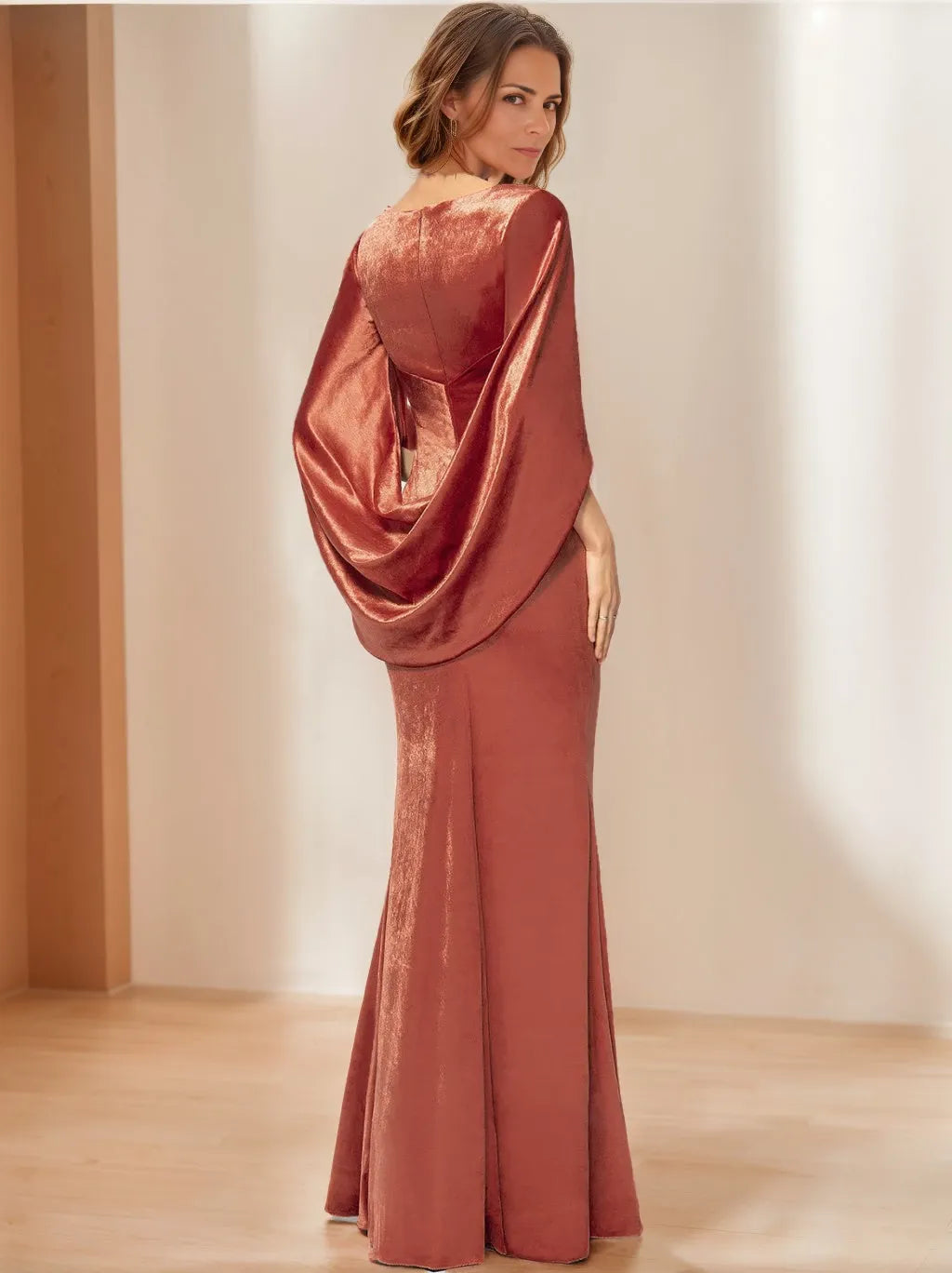 Tight Sheath V-Neck Half Sleeves Floor-Length Velvet with Ruffles Mother of the Bride Dresses