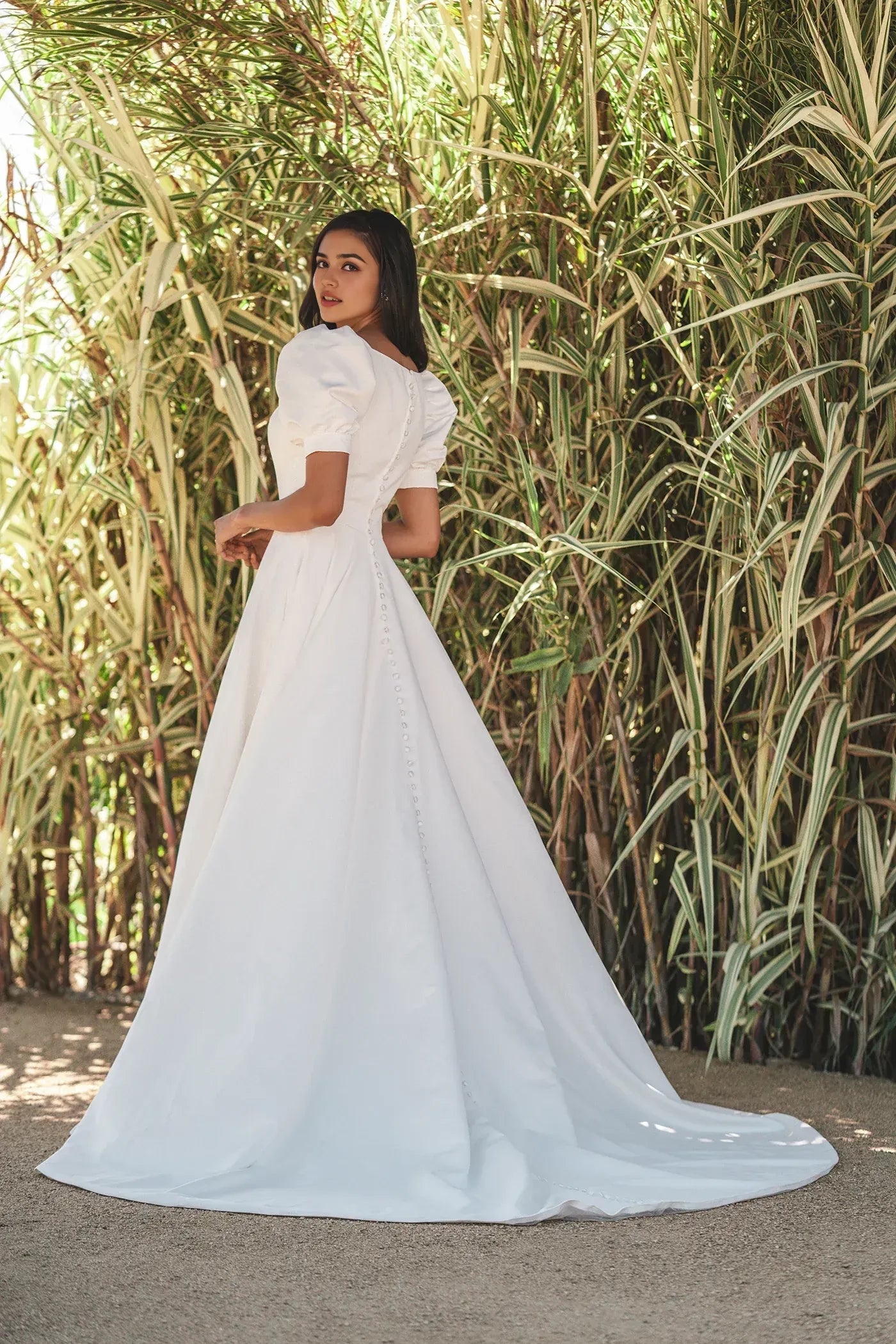 Timeless A Line Square Neck Puff Sleeve Button Back Floor Length Wedding Dress