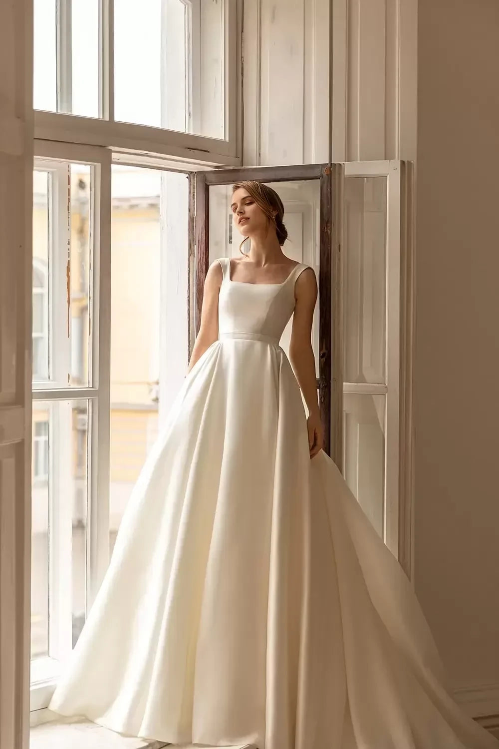 Timeless Ball Gown Square Neck Sleeveless Lace Up Back Long Length Wedding Dress
