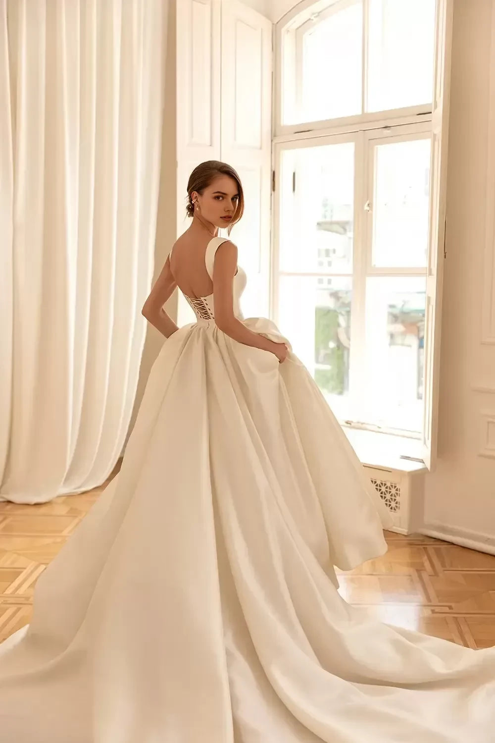 Timeless Ball Gown Square Neck Sleeveless Lace Up Back Long Length Wedding Dress