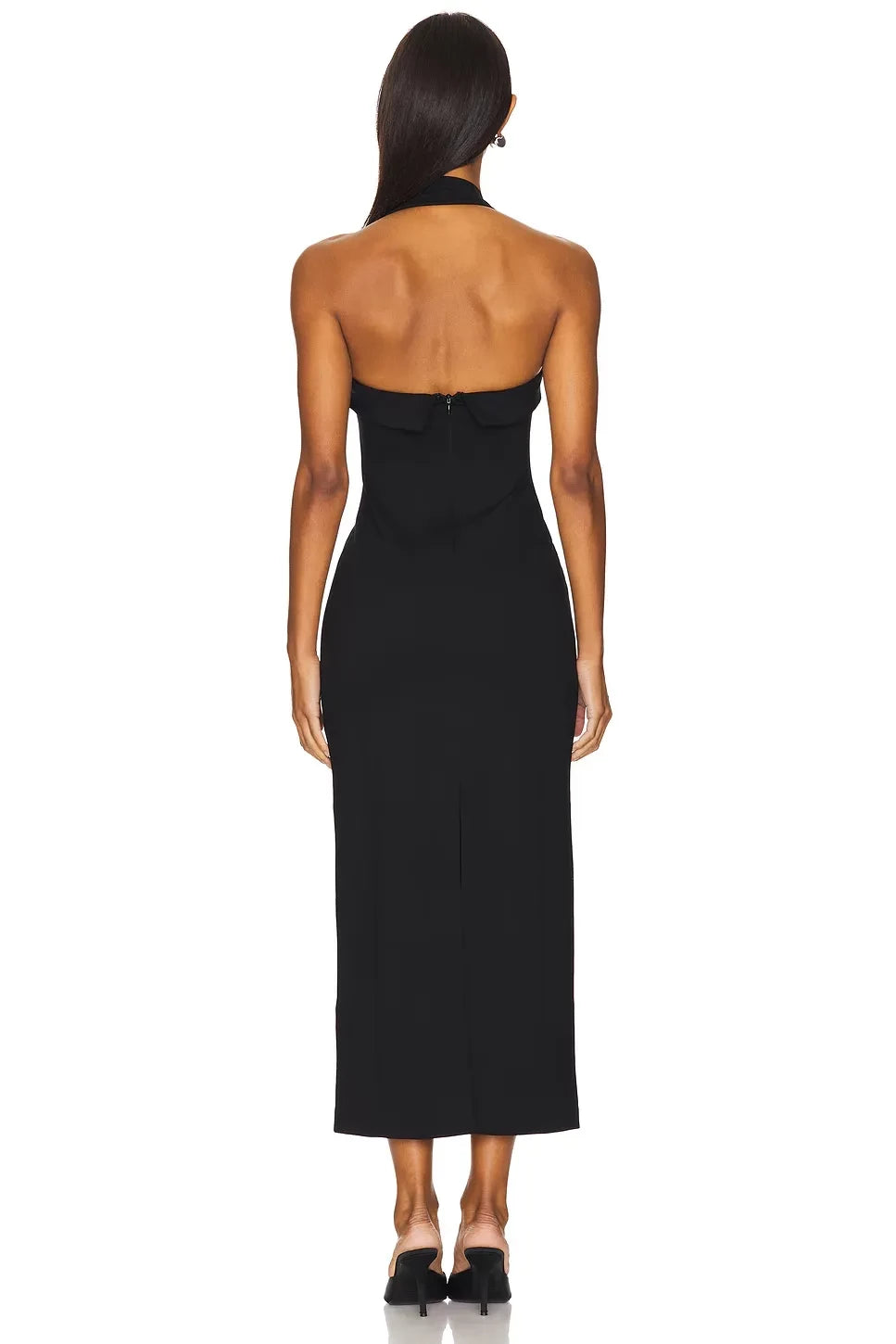 Trendy Sheath Halter Neck Sleeveless Open Back Midi Length Evening Dress
