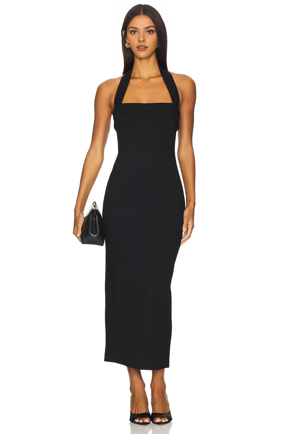Trendy Sheath Halter Neck Sleeveless Open Back Midi Length Evening Dress