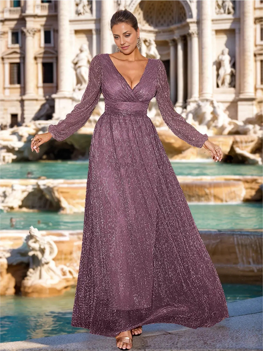 Trendy A-Line V-Neck Long Sleeves Floor-Length Plus Size with Ruffles Mother of the Bride Dresses