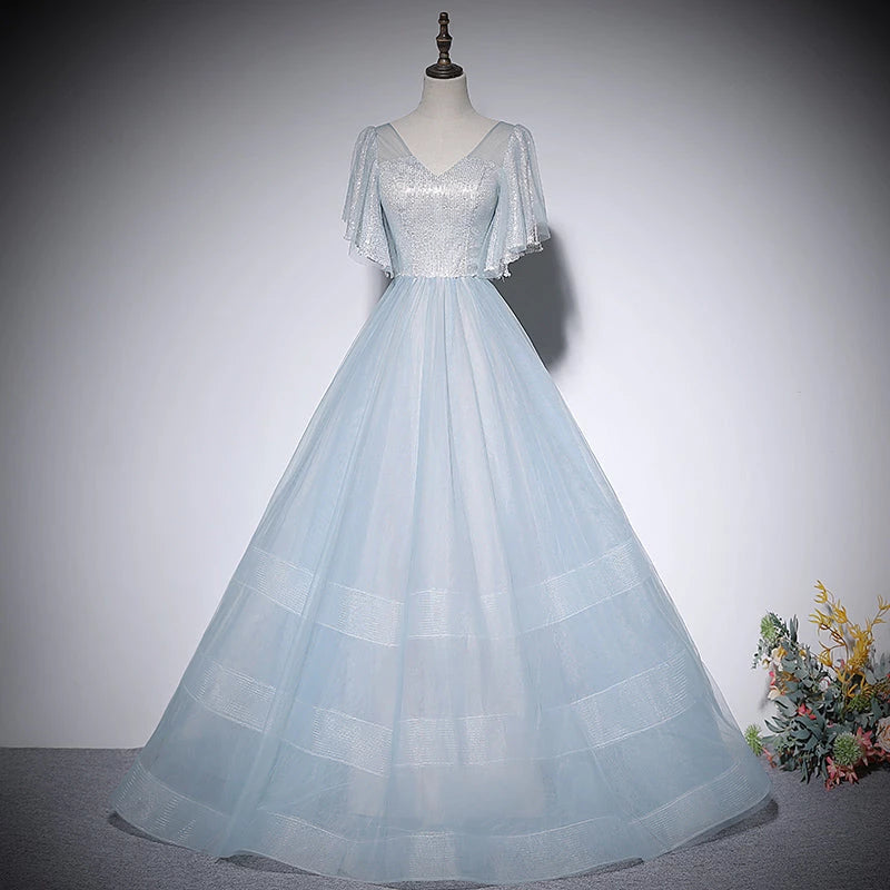 Trendy A line Organza Short Sleeve Lace Up Floor Length Evening Dress Party Dresses Prom Dress