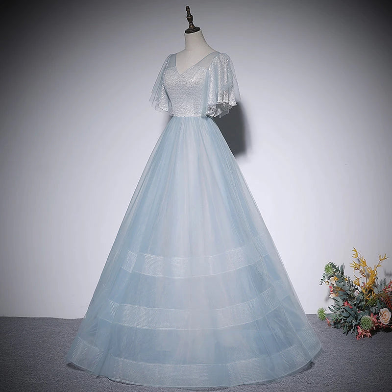 Trendy A line Organza Short Sleeve Lace Up Floor Length Evening Dress Party Dresses Prom Dress