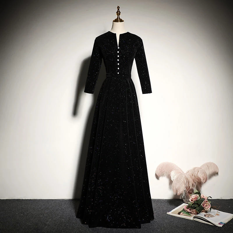 Trendy Black Velvet  New Long sleeved Lace Up Floor Length Evening Dress Party Dresses Prom Dress