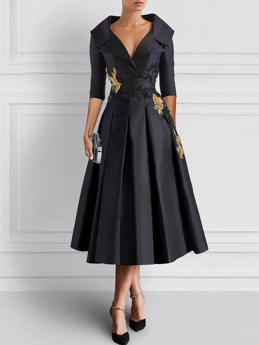 Trendy Formal A-Line V-Neck Tea-Length Elegant with Appliques Mother of the Bride Dresses