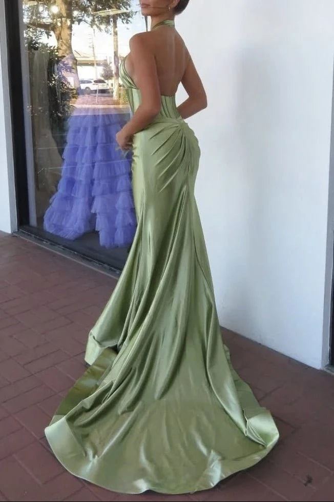 Trendy Mermaid Sage Halter Corset Long with Rosette Embellishment Backless Floor Length Sleeveless Party Dresses Homecoming Dress Prom Dress