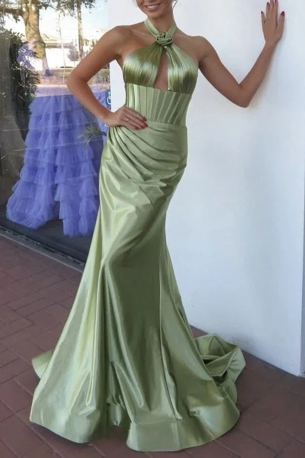 Trendy Mermaid Sage Halter Corset Long with Rosette Embellishment Backless Floor Length Sleeveless Party Dresses Homecoming Dress Prom Dress