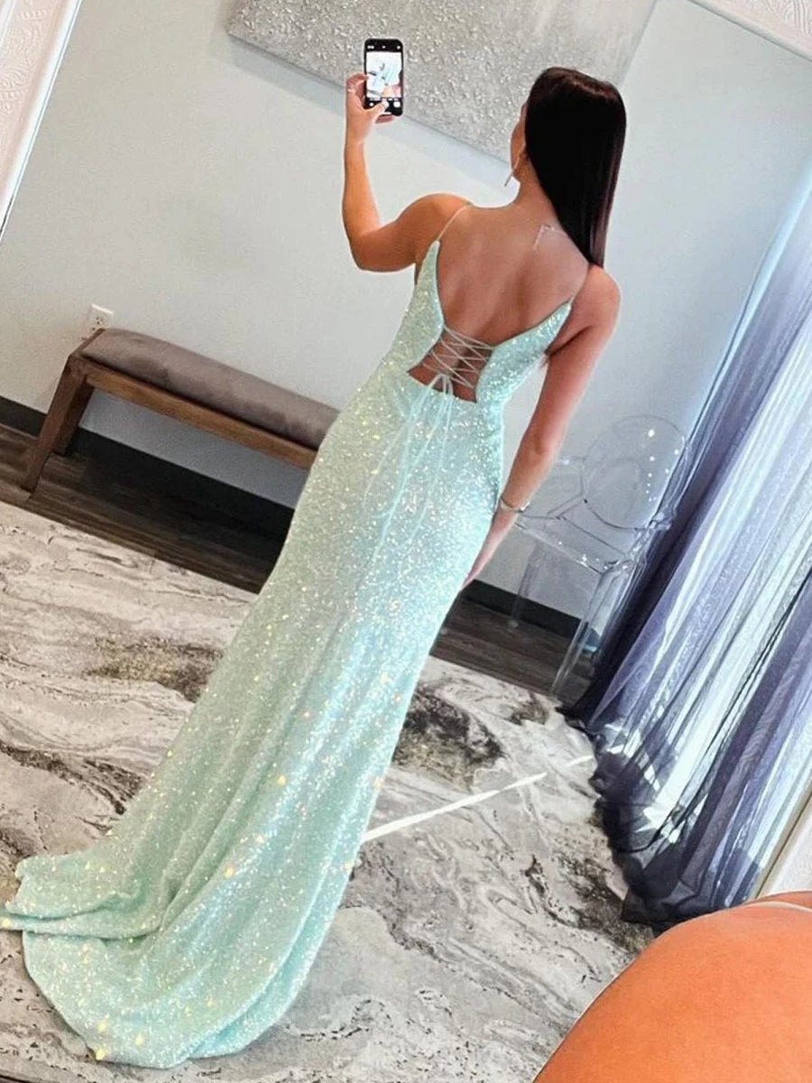 Trendy Mint Green Spaghetti Straps Sequins Mermaid Long With Split Sleeveless Lace-Up Back Evening Dresses Evening Dresses Prom Dress