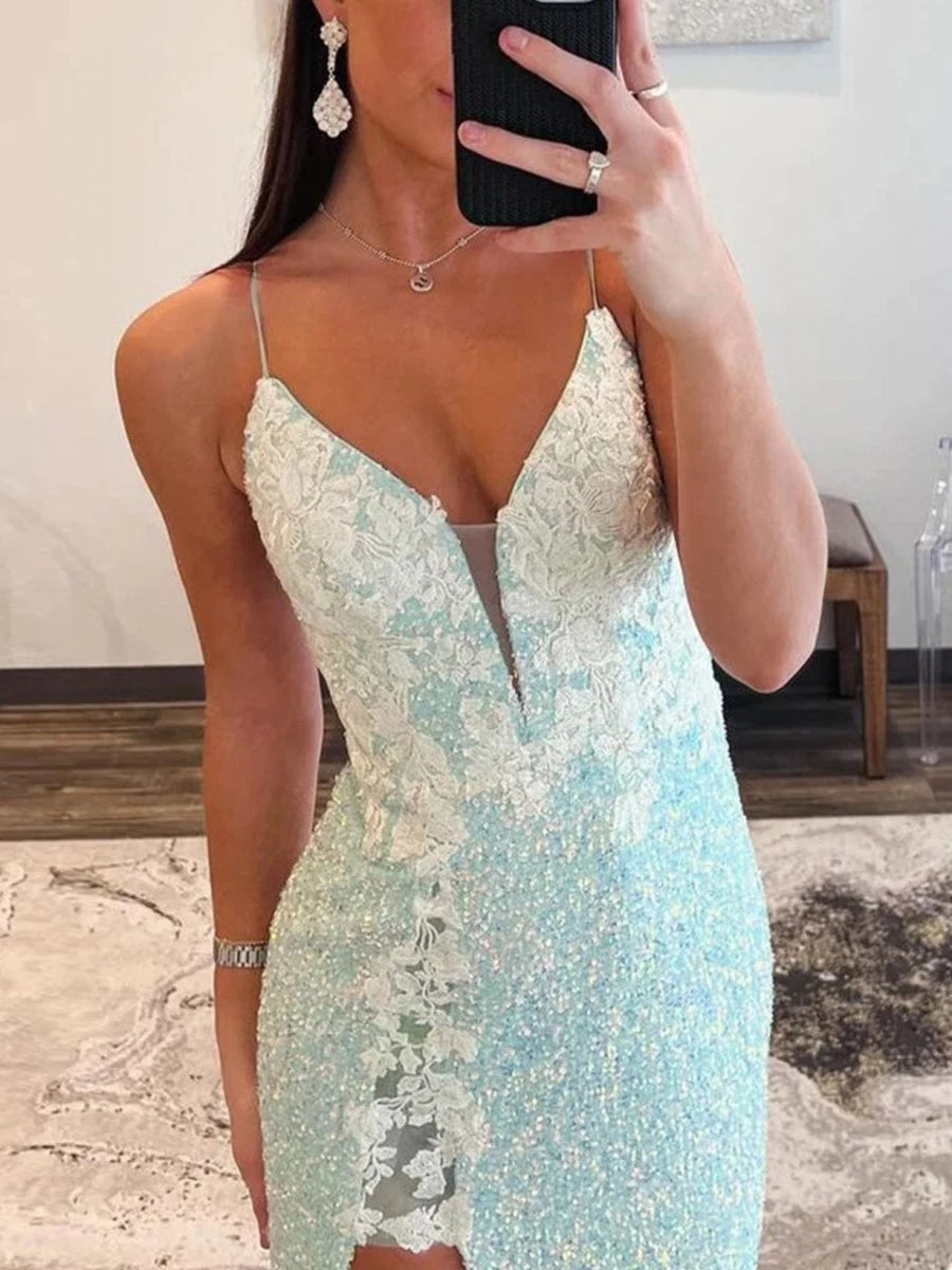 Trendy Mint Green Spaghetti Straps Sequins Mermaid Long With Split Sleeveless Lace-Up Back Evening Dresses Evening Dresses Prom Dress