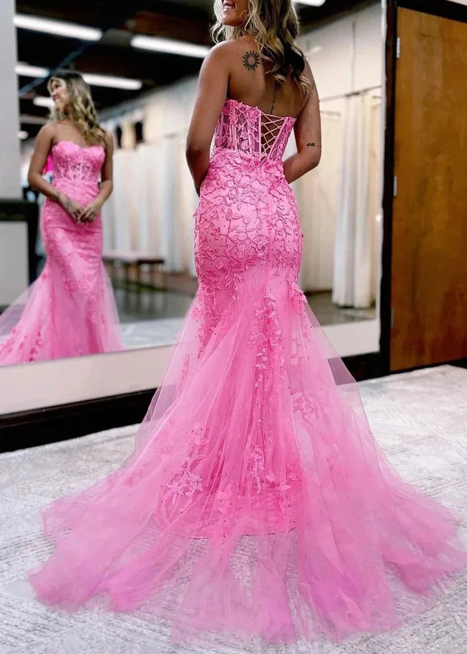 Trendy Pink Mermaid Sweetheart Neck Lace Tulle Long With Appliques Sleeveless Party Dresses Homecoming Dress Prom Dress
