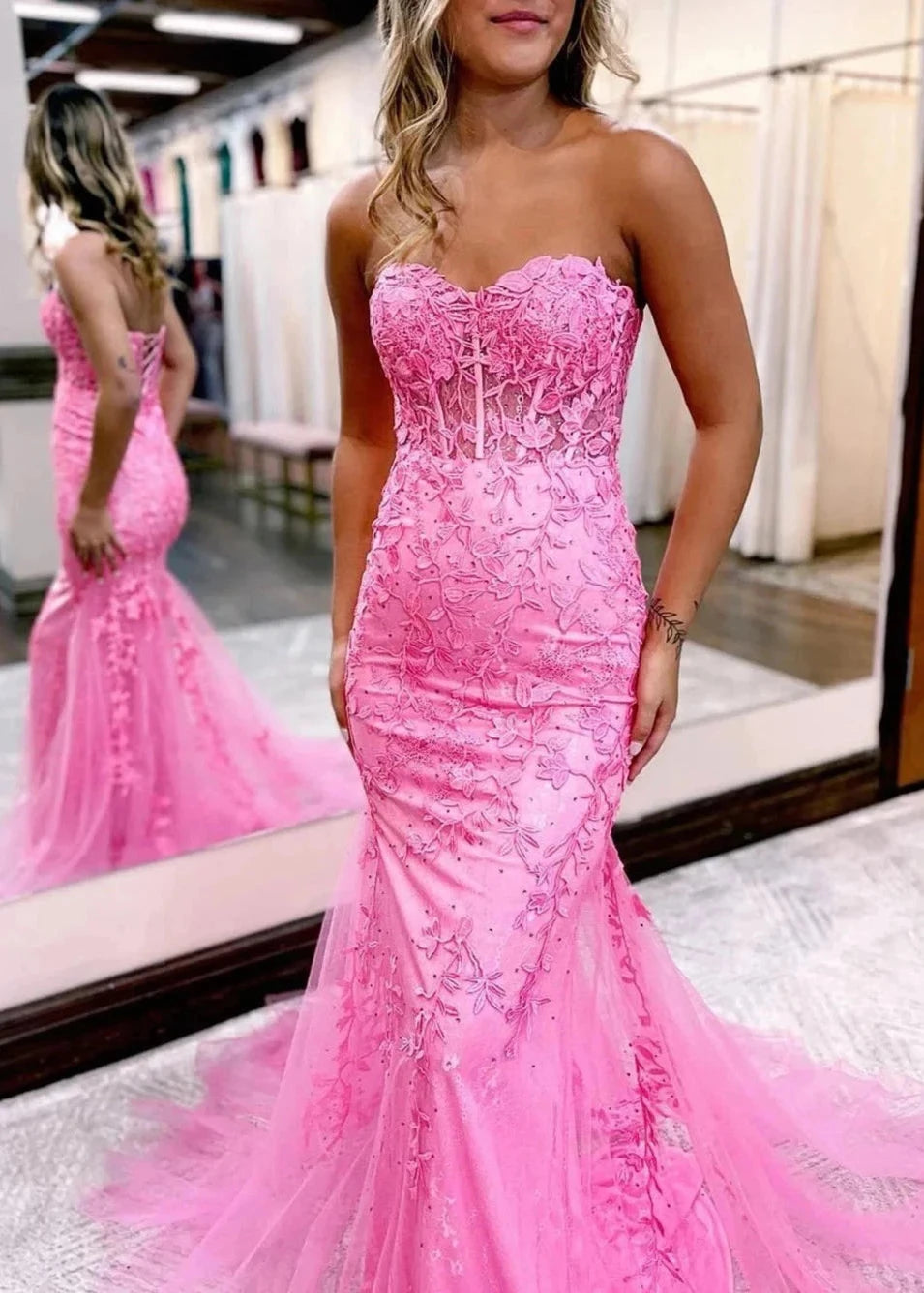 Trendy Pink Mermaid Sweetheart Neck Lace Tulle Long With Appliques Sleeveless Party Dresses Homecoming Dress Prom Dress