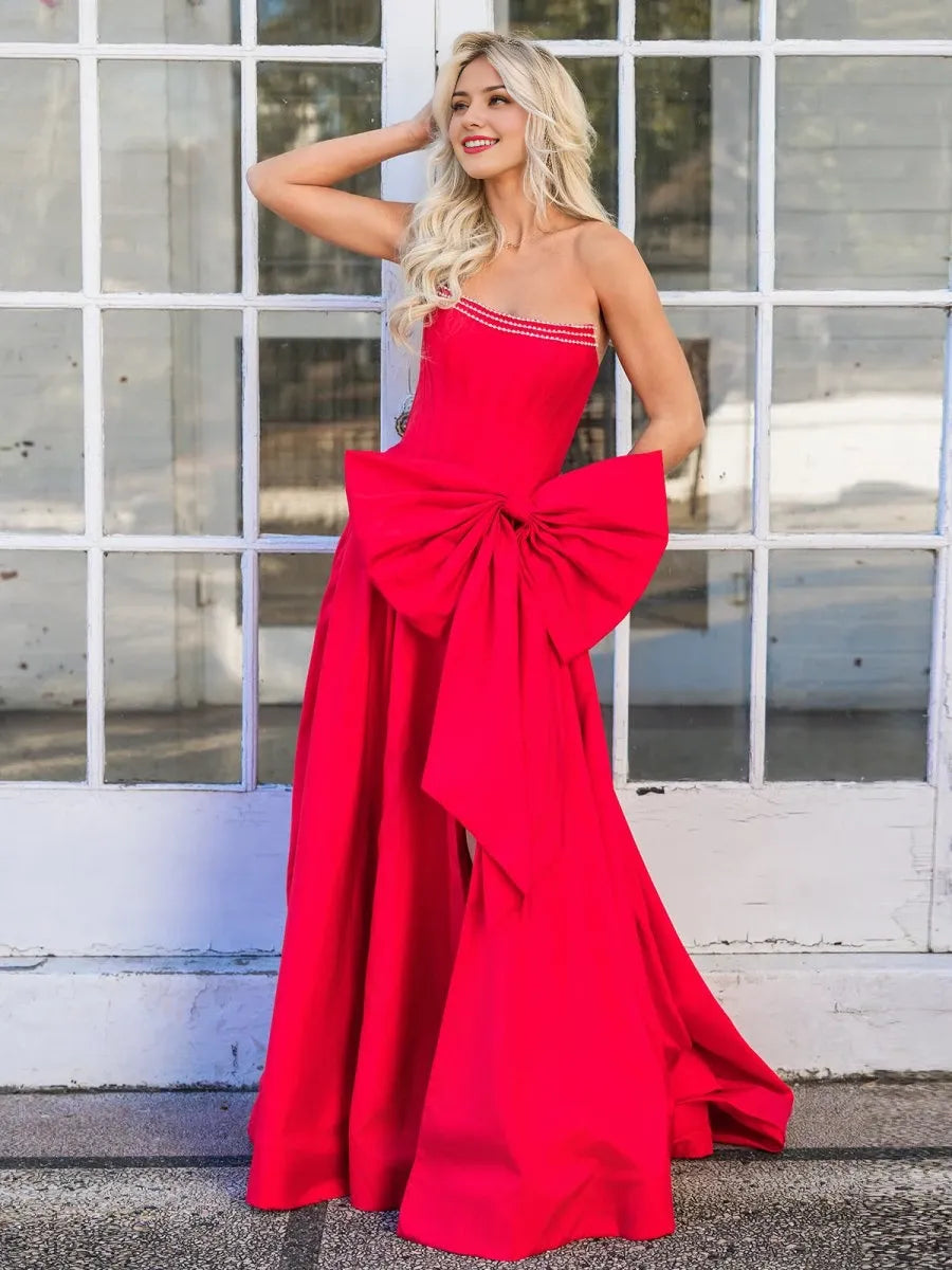 Trendy Red Strapless A-Line Satin Long Corset with Bow Evening Dress Party Dresses Prom Dress