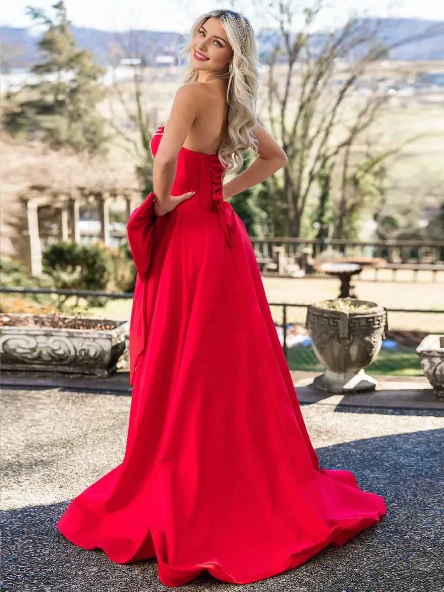 Trendy Red Strapless A-Line Satin Long Corset with Bow Evening Dress Party Dresses Prom Dress