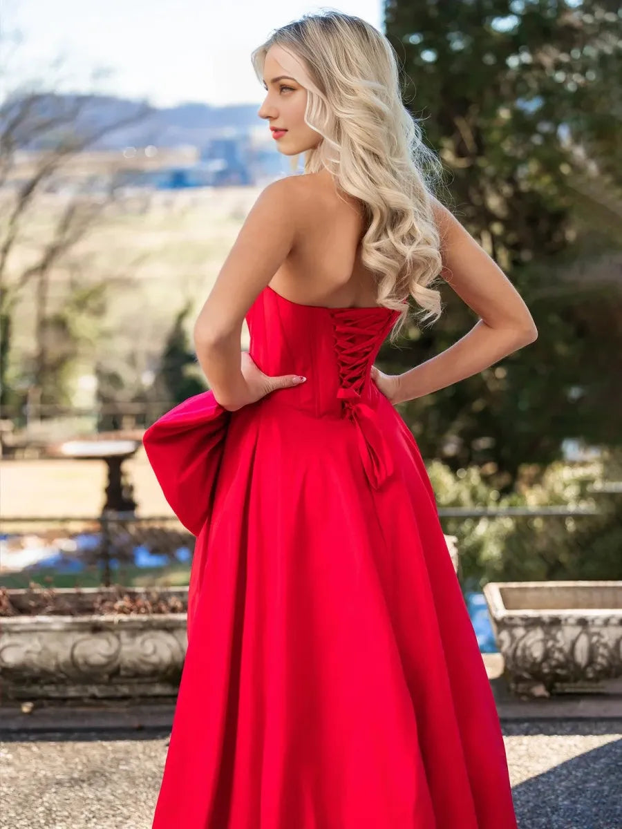 Trendy Red Strapless A-Line Satin Long Corset with Bow Evening Dress Party Dresses Prom Dress