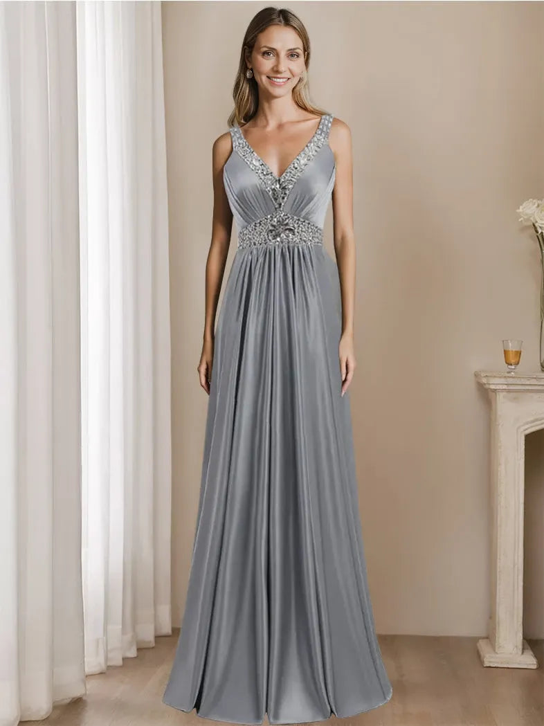 Trendy Satin A-Line V-Neck Floor-Length Sleeveless With Rhinestone Mother of the Bride Dresses