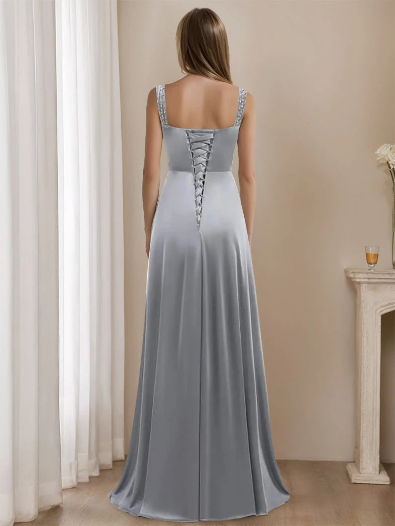 Trendy Satin A-Line V-Neck Floor-Length Sleeveless With Rhinestone Mother of the Bride Dresses