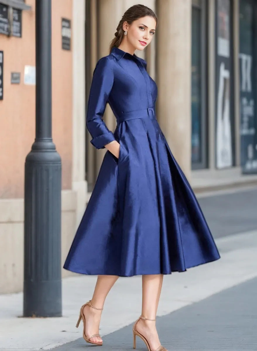 Trendy Satin A-Line V-Neck Long Sleeves Tea-Length Elegant Mother of the Bride Dresses