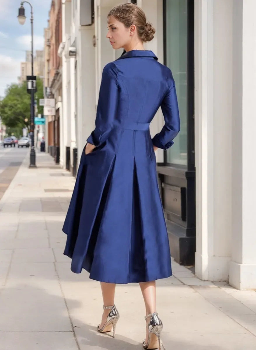 Trendy Satin A-Line V-Neck Long Sleeves Tea-Length Elegant Mother of the Bride Dresses