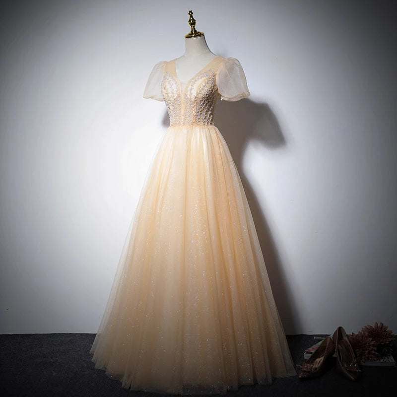 Trendy Short Sleeveless Tulle Lace Up Floor Length Evening Dress Party Dresses Prom Dress