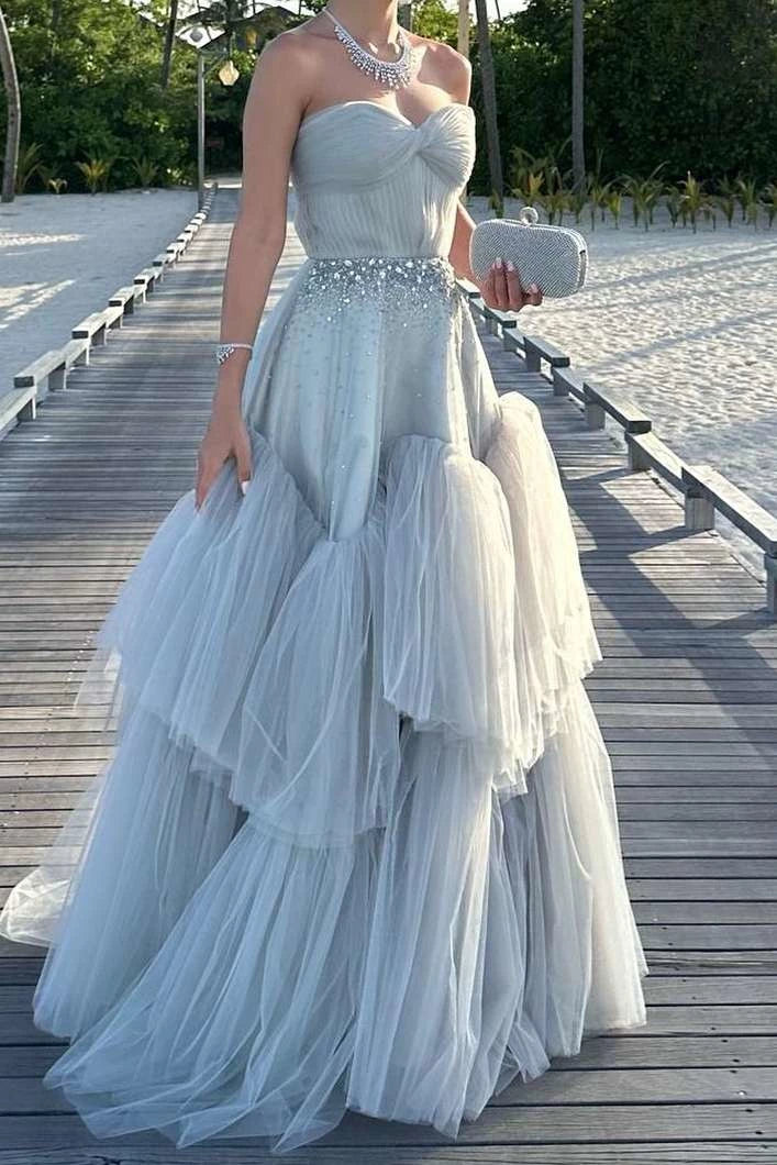 Trendy Strapless A-Line Tulle Long With Beading Sleeveless  Floor-length Evening Dresses Evening Dresses Prom Dress