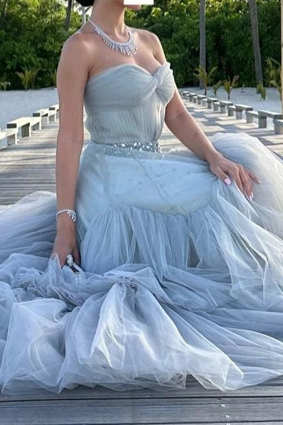 Trendy Strapless A-Line Tulle Long With Beading Sleeveless  Floor-length Evening Dresses Evening Dresses Prom Dress