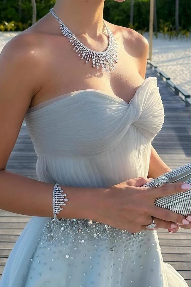 Trendy Strapless A-Line Tulle Long With Beading Sleeveless  Floor-length Evening Dresses Evening Dresses Prom Dress