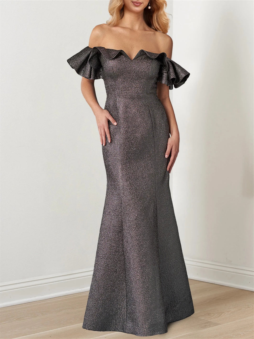 Trumpet Off-the-Shoulder Metallic Ruffle Sleeves Floor-Length Evening Dresses Prom Dress