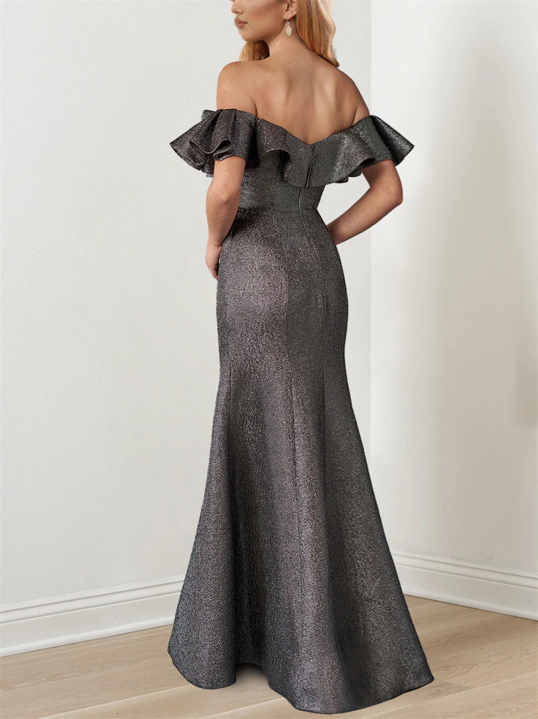 Trumpet Off-the-Shoulder Metallic Ruffle Sleeves Floor-Length Evening Dresses Prom Dress