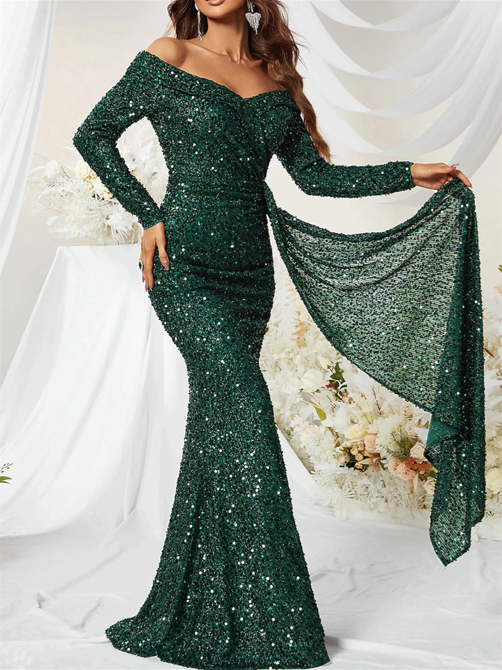 Trumpet Off-the-Shoulder Sweep Train Sparkly with Sequin Evening Dresses
