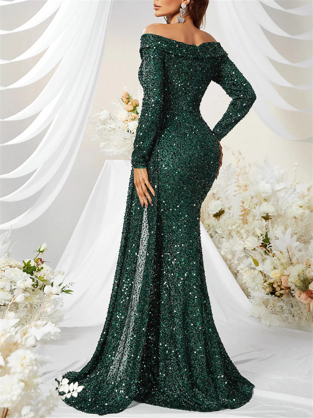 Trumpet Off-the-Shoulder Sweep Train Sparkly with Sequin Evening Dresses