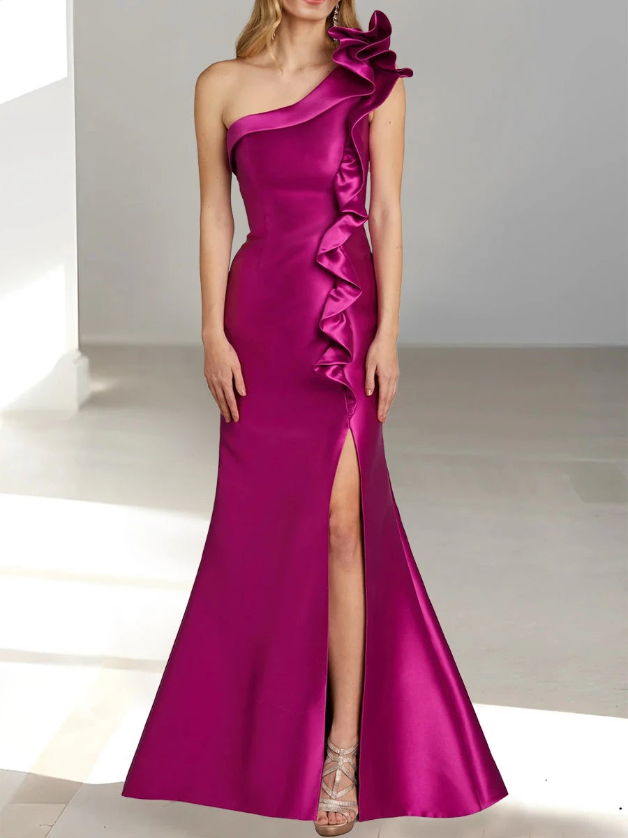 Trumpet One-Shoulder Fuchsia Sleeveless Split Side Evening Dresses Prom Dress