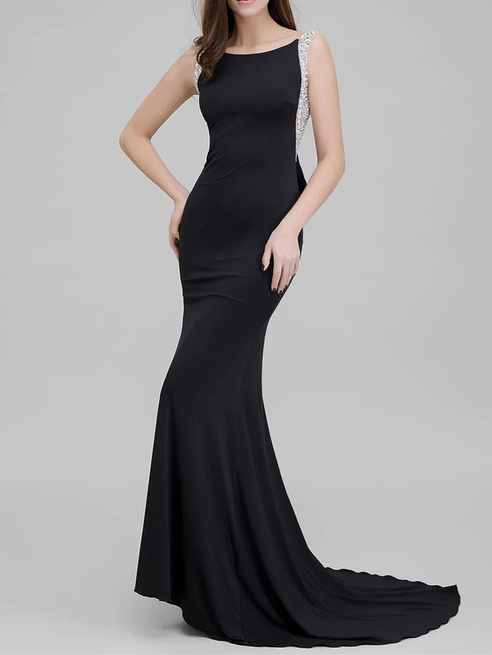 Trumpet Scoop Neck Court Train Evening Dresses with Bow Beading Evening Dresses Prom Dress