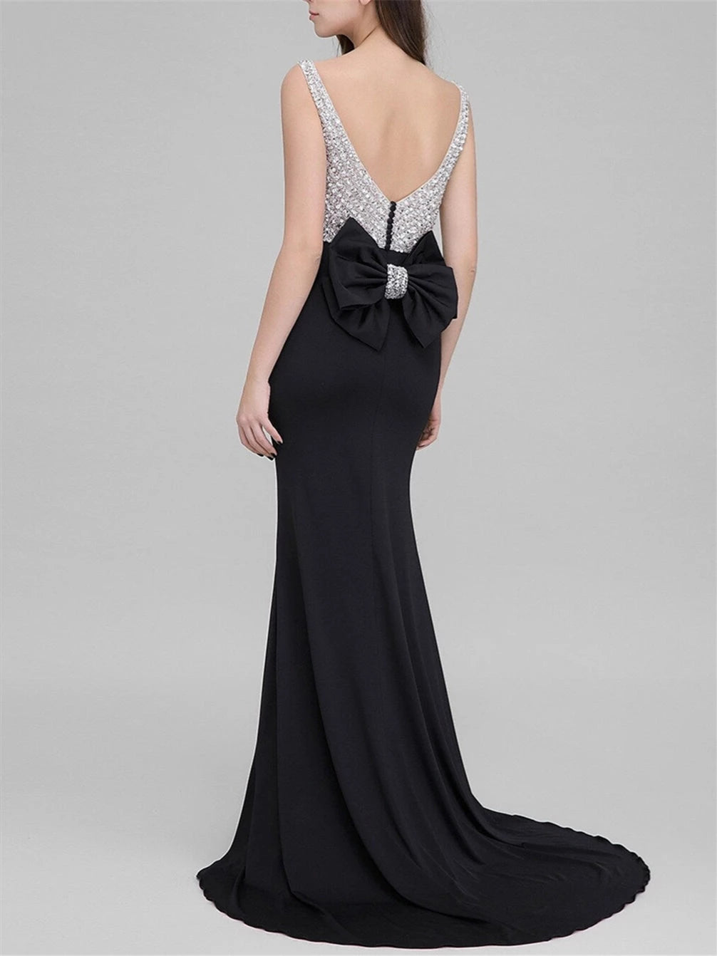 Trumpet Scoop Neck Court Train Evening Dresses with Bow Beading Evening Dresses Prom Dress