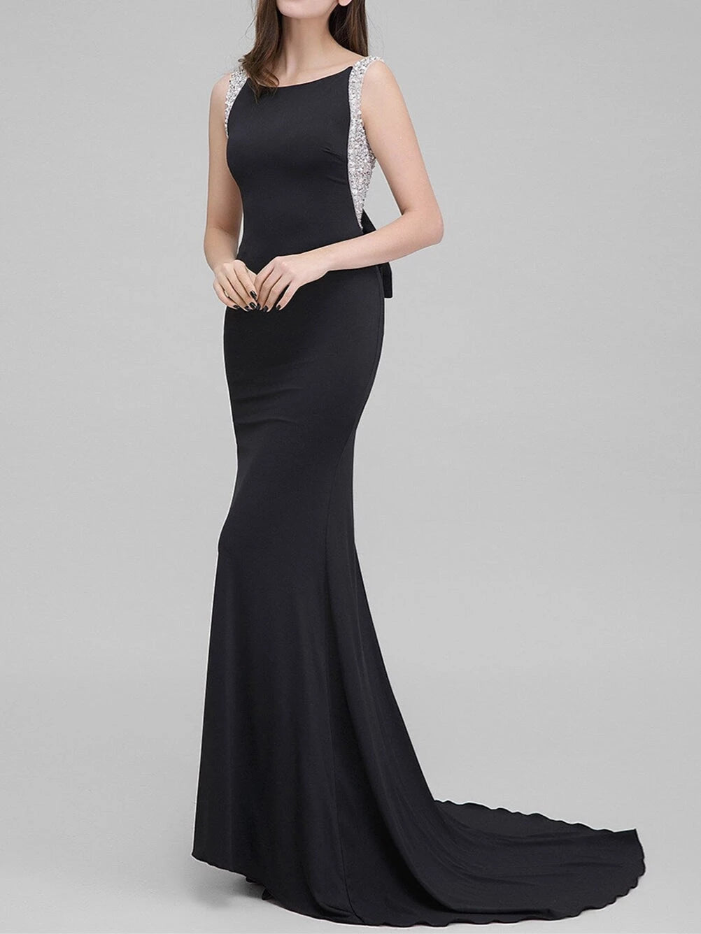 Trumpet Scoop Neck Court Train Evening Dresses with Bow Beading Evening Dresses Prom Dress
