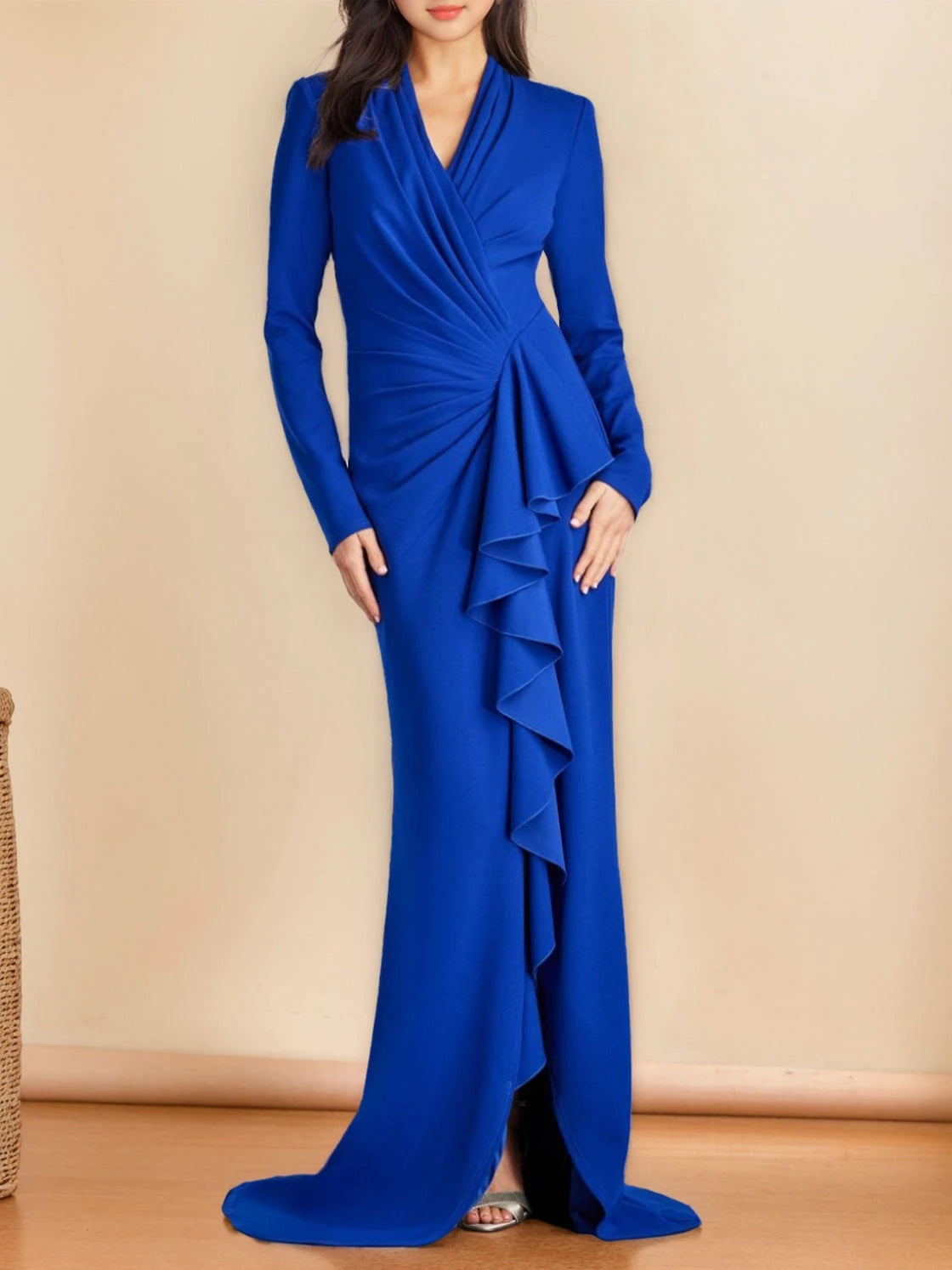 Trumpet V-Neck Long Sleeves Floor-Length Dresses with Split Side Evening Dresses
